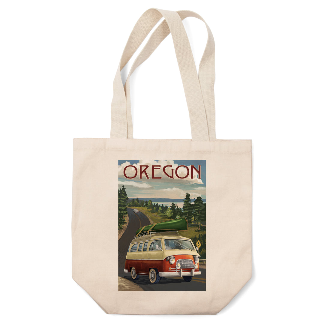 Oregon, LP Camper Van & Lake, Lantern Press Artwork, Tote Bag
