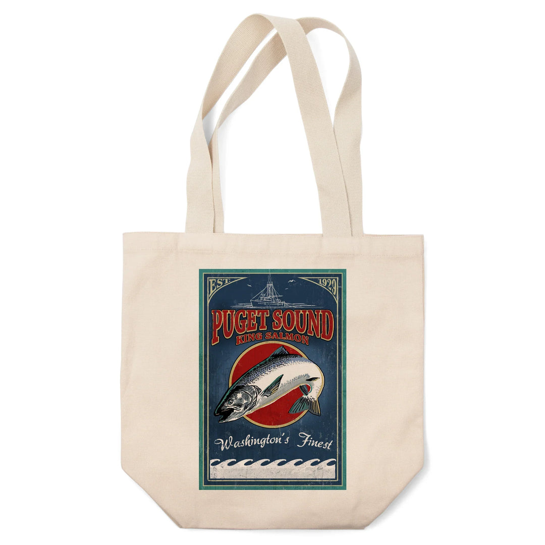 Puget Sound, Washington, Vintage Sign, King Salmon, Washington's Finest, Tote Bag