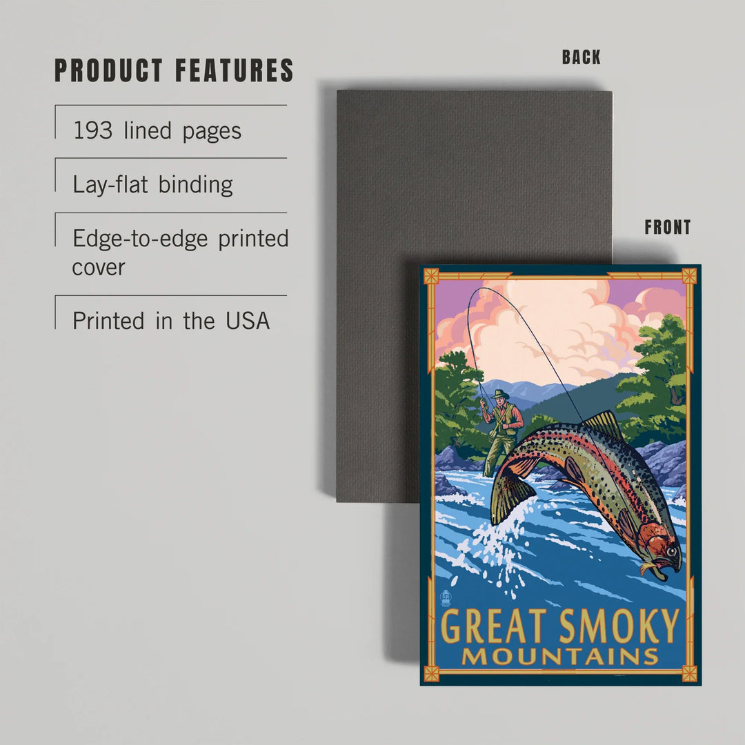 Lined 6x9 Journal, Great Smoky Mountains National Park, Tennessee, Painterly, Angler Fly Fishing Scene, Lay Flat, 193 Pages, FSC paper