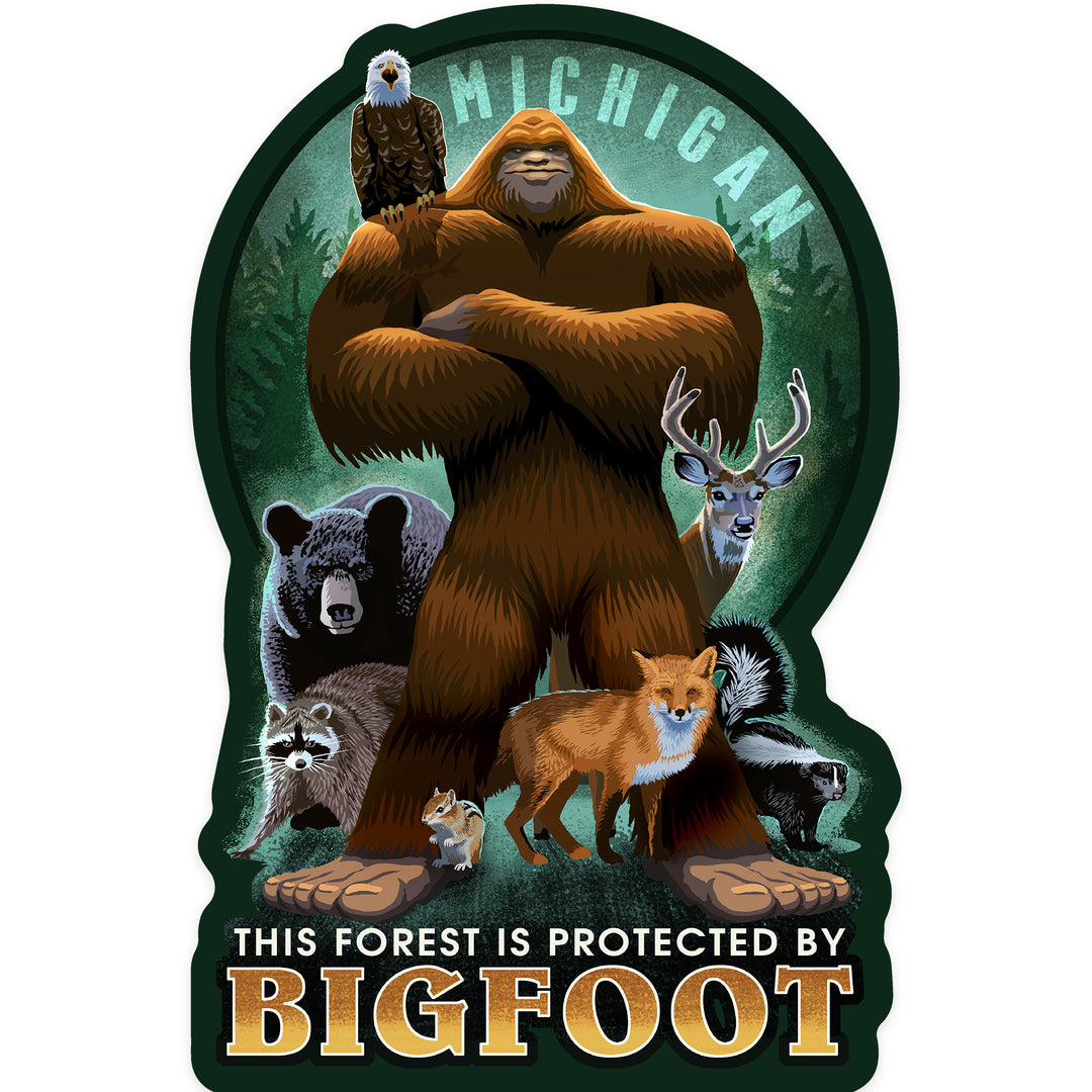 Michigan, Forest Protected by Bigfoot, Contour, Vinyl Sticker