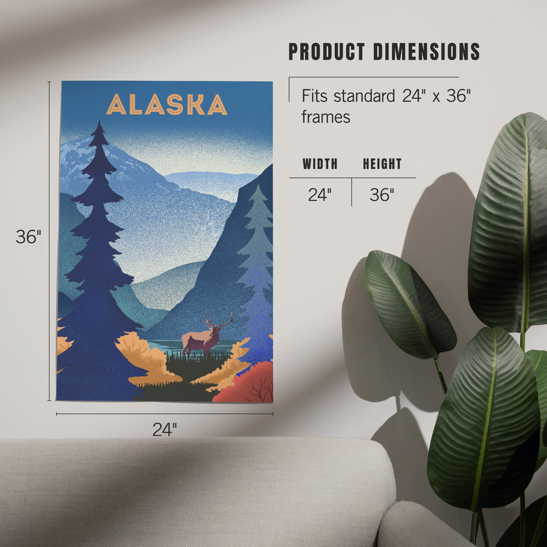 Alaska, Lithograph, Elk and Mountains Scene, Art & Giclee Prints