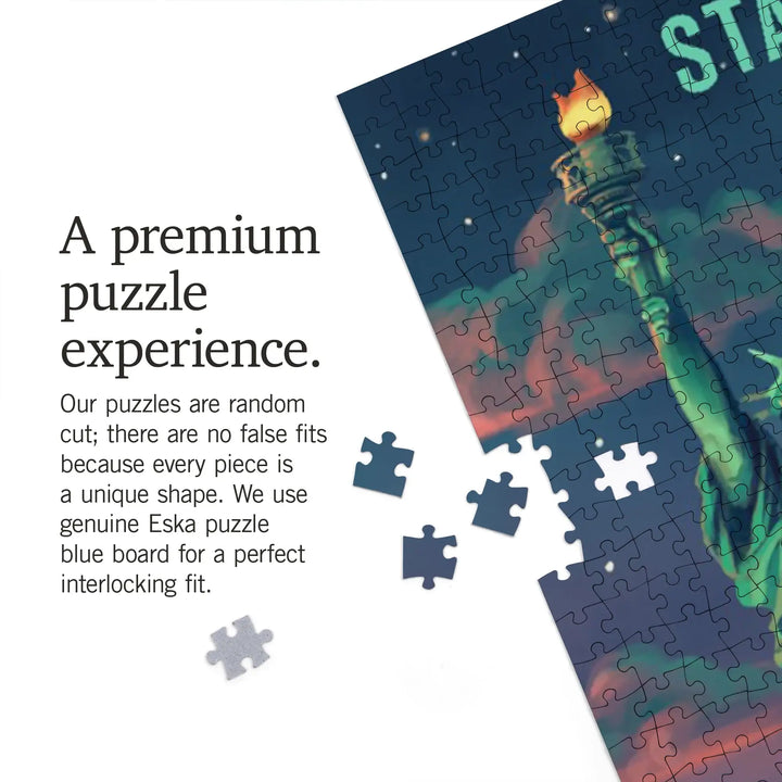 New York City, New York, Oil Painting, Sunset Statue of Liberty, Jigsaw Puzzle
