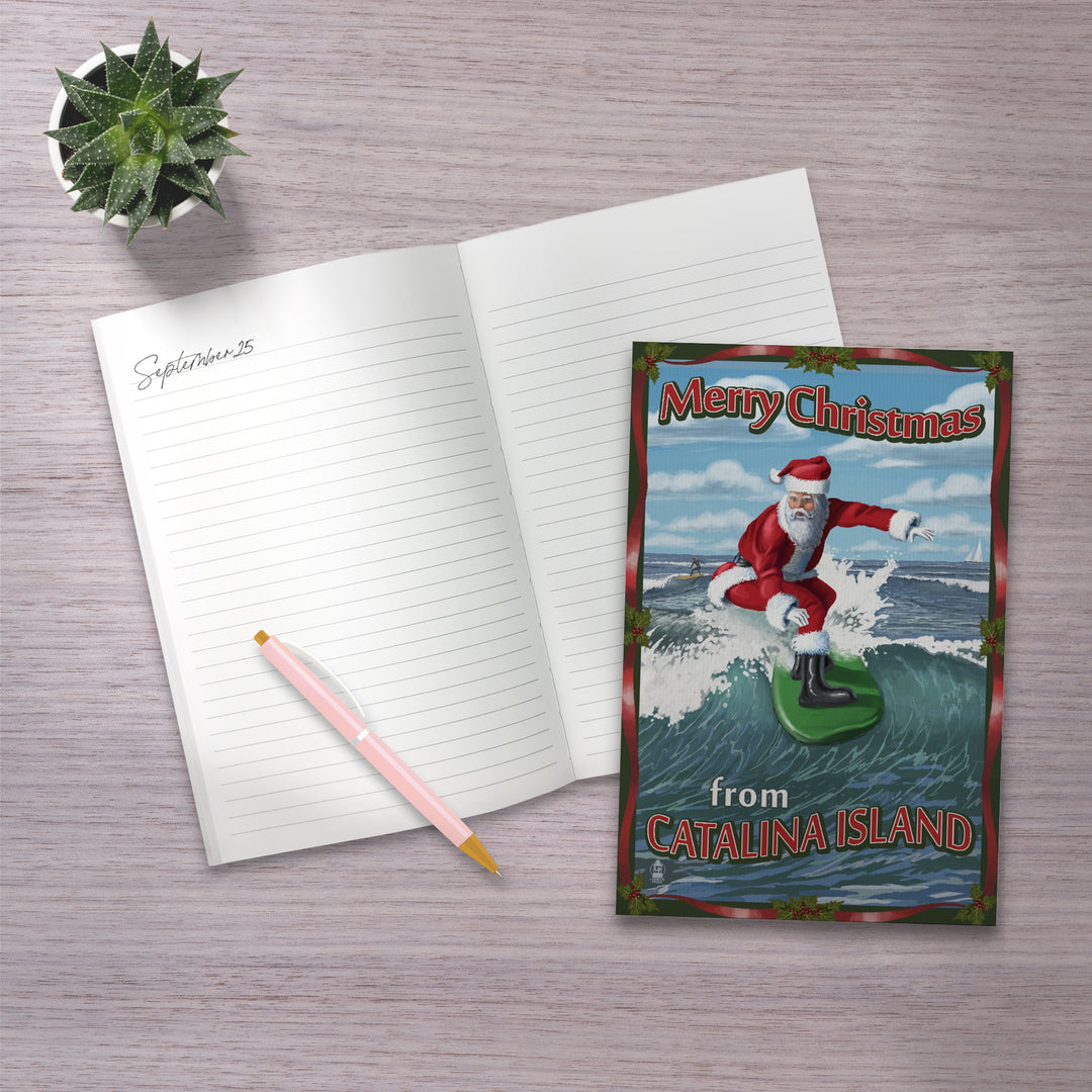 Lined 6x9 Journal, Merry Christmas from Catalina Island, Santa Surfing, Lay Flat, 193 Pages, FSC paper
