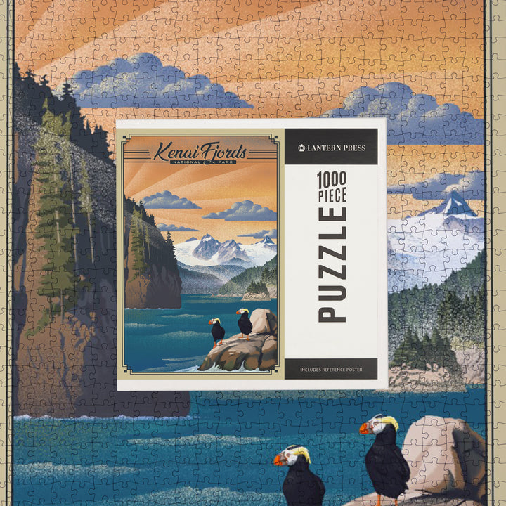 Kenai Fjords National Park, Alaska, Lithograph Park Series, Tufted Puffins, 1000 Piece Jigsaw Puzzle