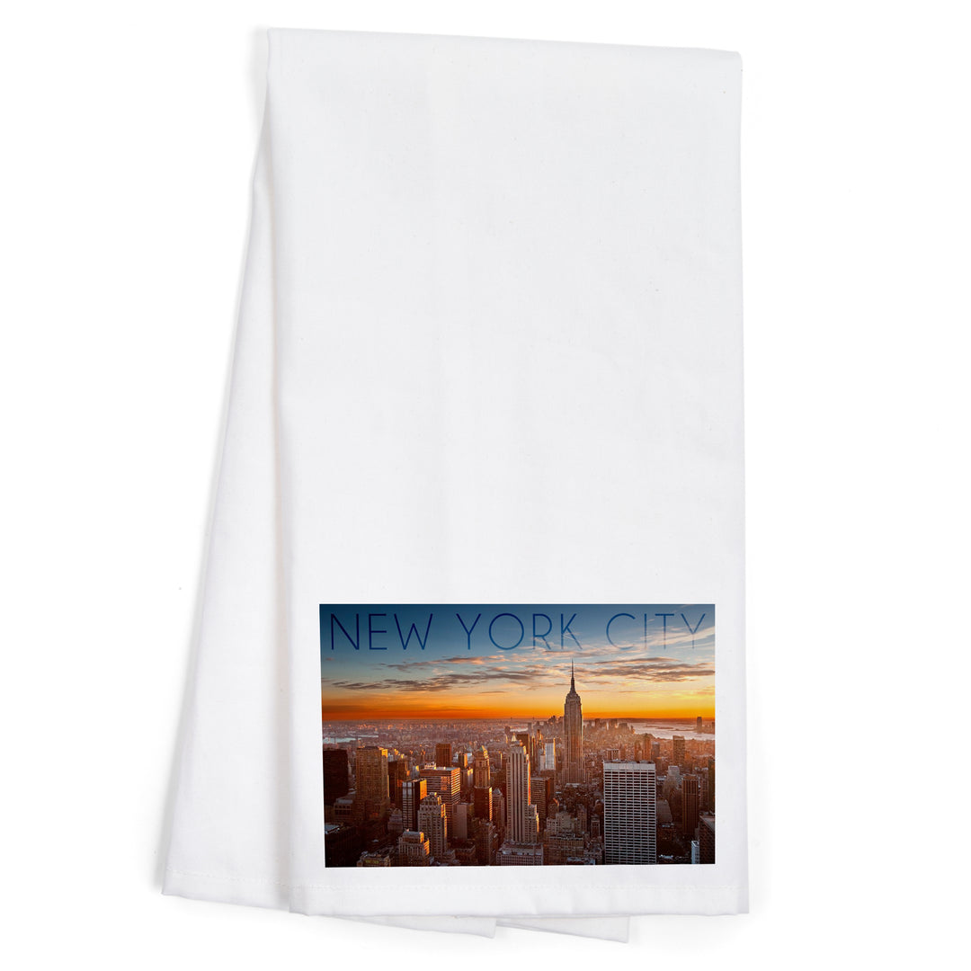 New York City, New York, Aerial Skyline at Sunset, Organic Cotton Kitchen Tea Towels