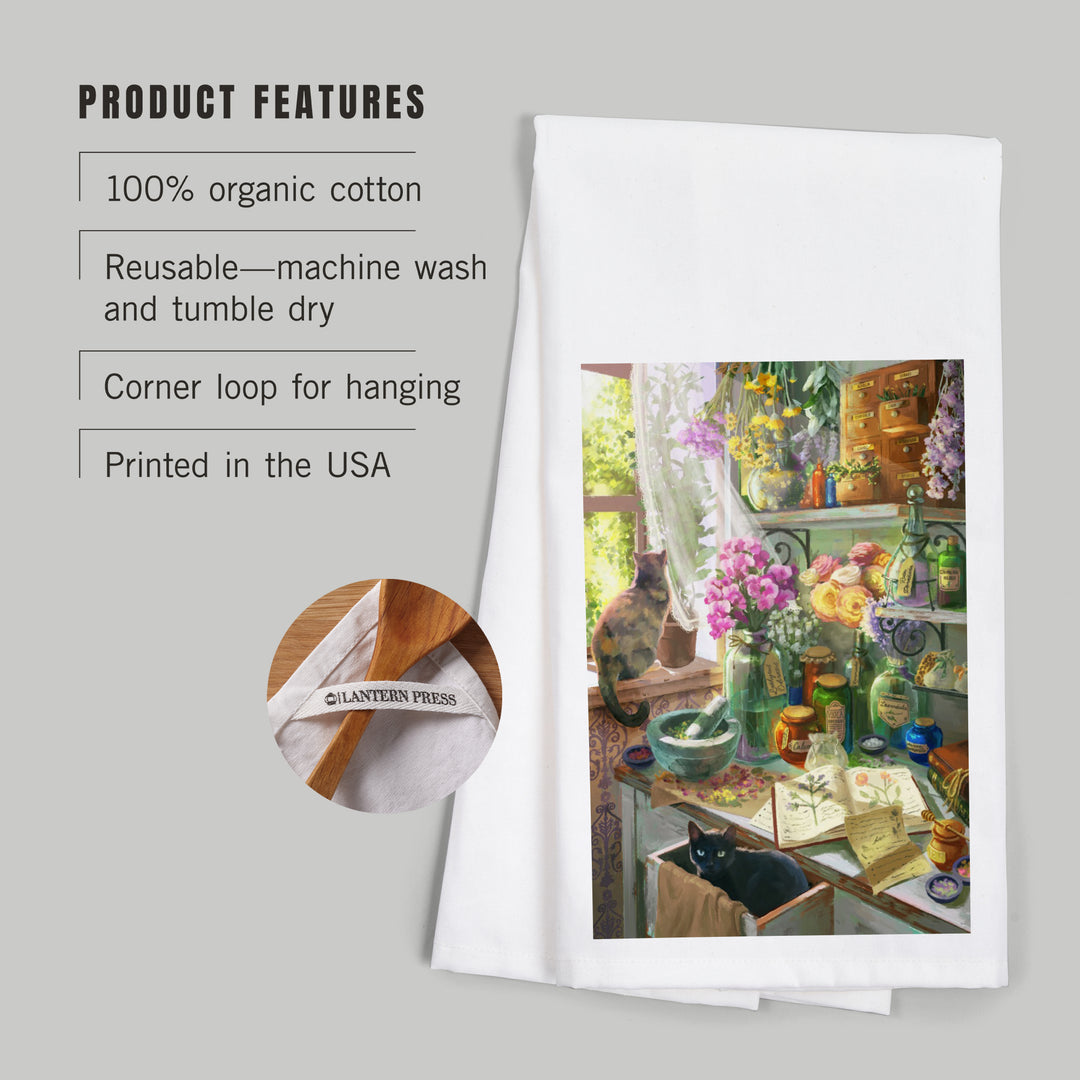 Garden Apothecary, With Cat, Oil Painting, Organic Cotton Kitchen Tea Towels