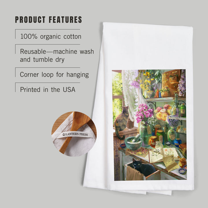 Garden Apothecary, With Cat, Oil Painting, Organic Cotton Kitchen Tea Towels