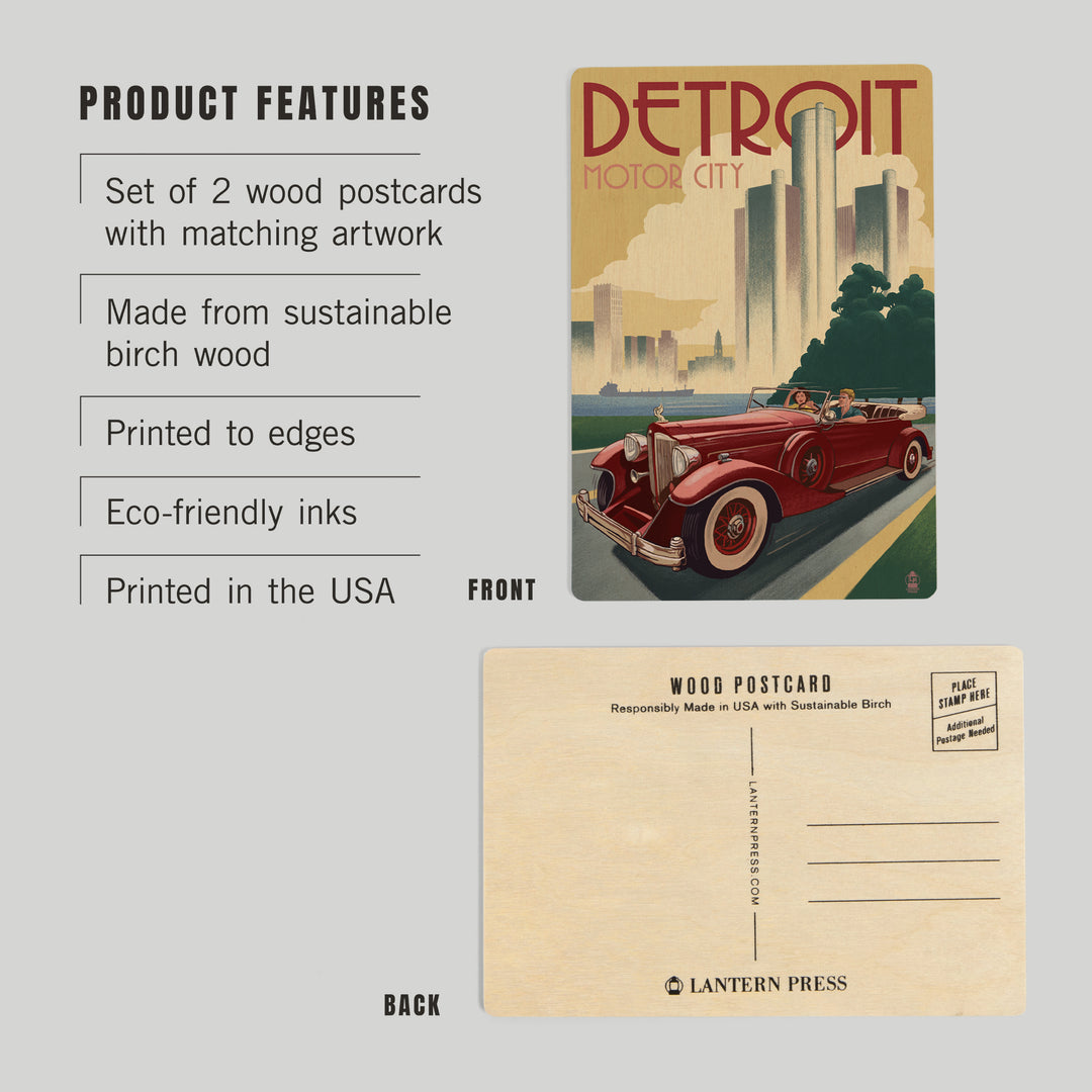 Detroit, Michigan, Vintage Car and Skyline, Wood Sign and Postcards