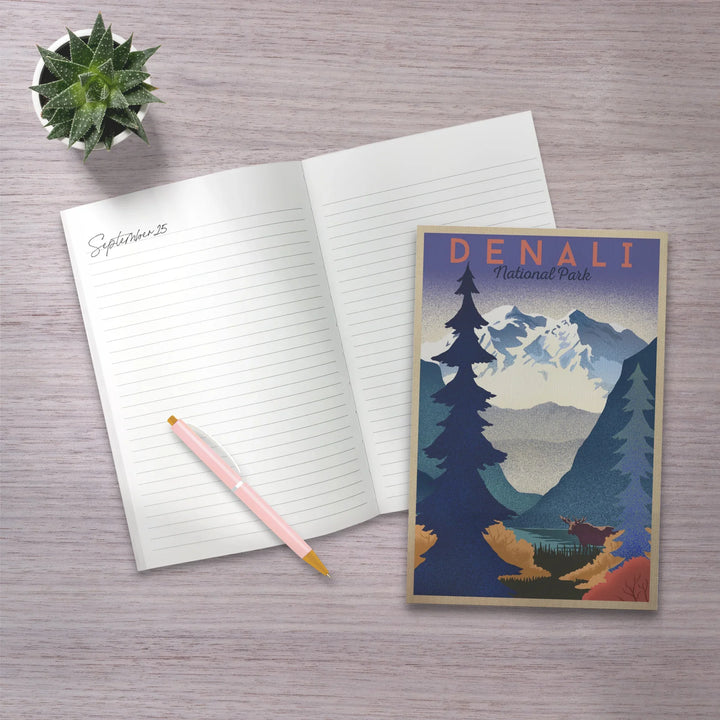 Lined 6x9 Journal, Denali National Park, Mountain Scene, Lithograph, Lay Flat, 193 Pages, FSC paper