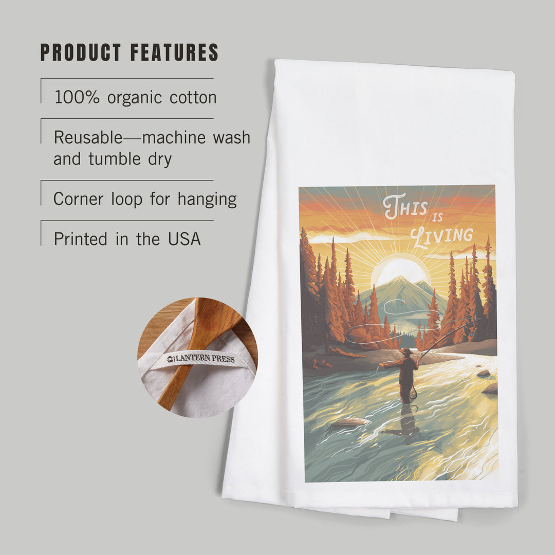 This is Living, Fishing with Mountain, Organic Cotton Kitchen Tea Towels