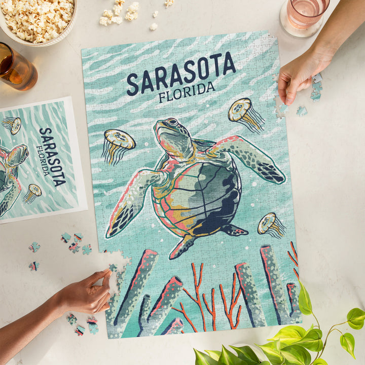 Sarasota, FL, Sea Turtle, Graphic Pastel, Jigsaw Puzzle