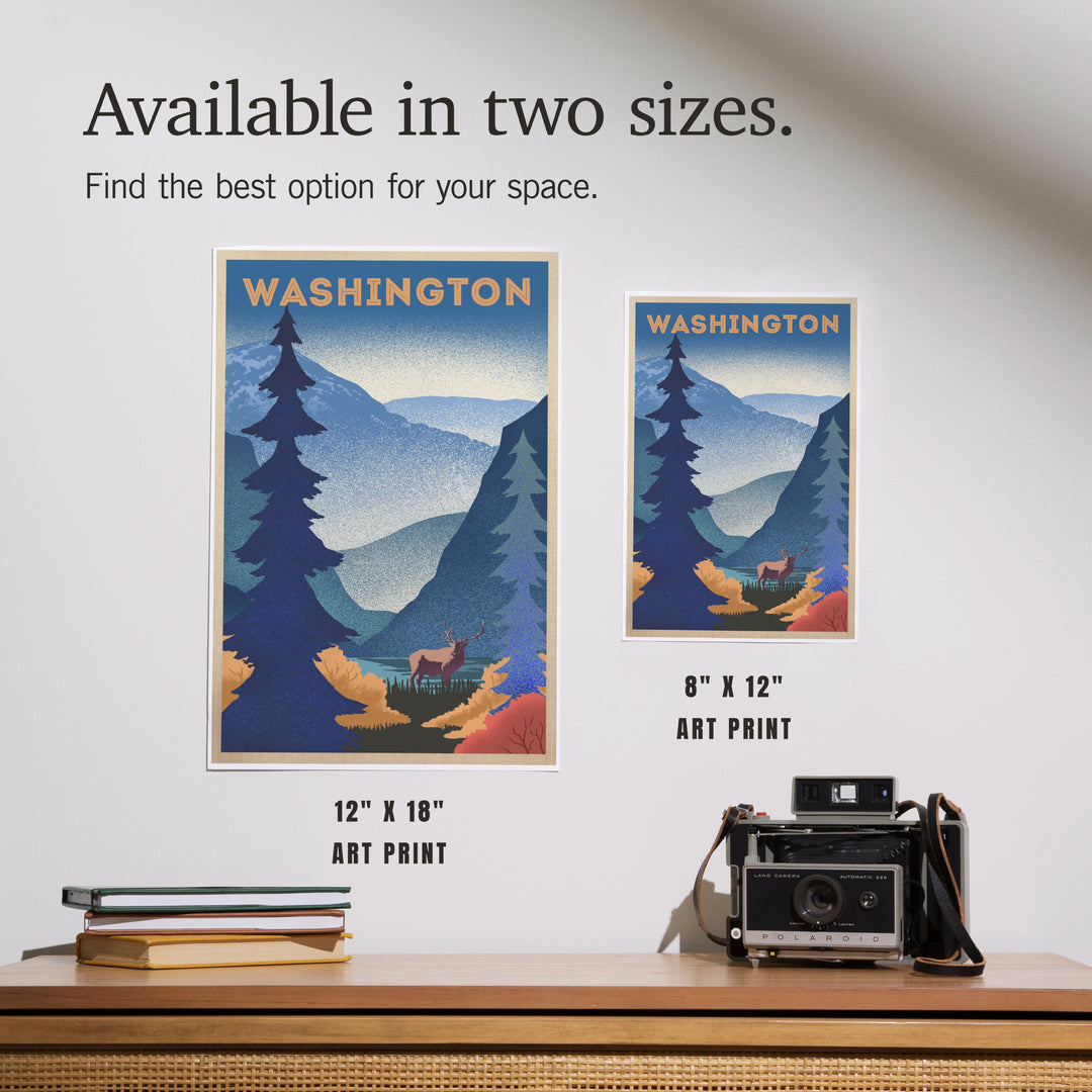 Washington, Elk and Mountain Scene, Lithograph, Art & Giclee Prints