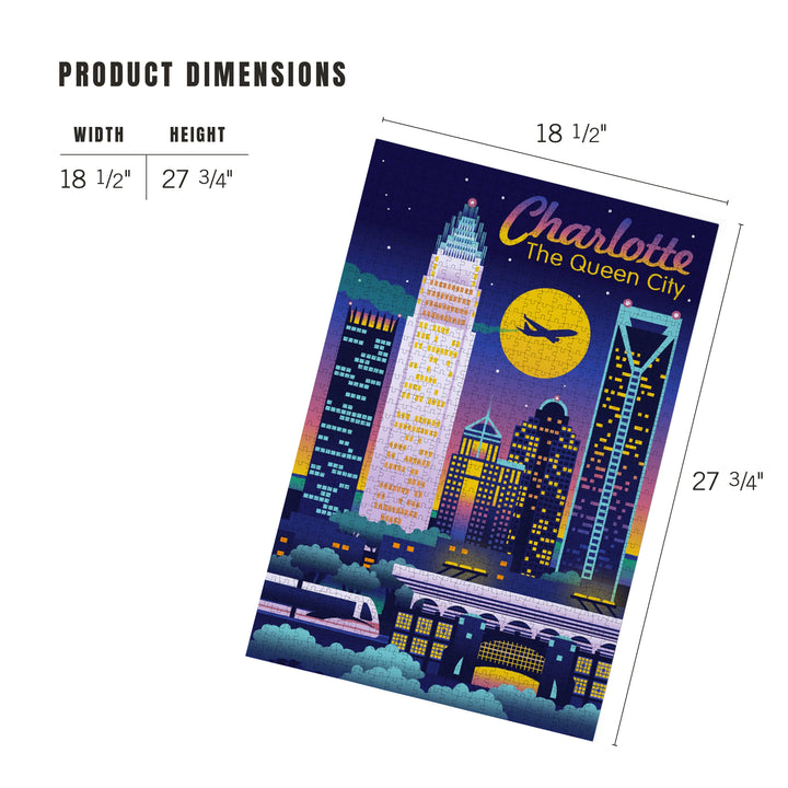 Charlotte, North Carolina, Retro Skyline Chromatic Series, 1000 Piece Jigsaw Puzzle