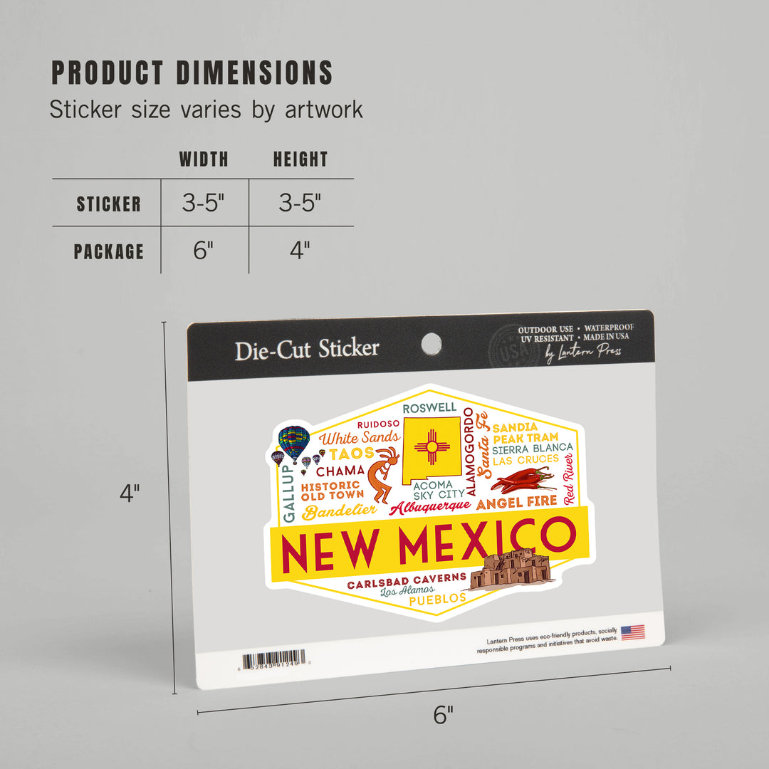 New Mexico, Typography & Icons, Contour, Lantern Press Artwork, Vinyl Sticker