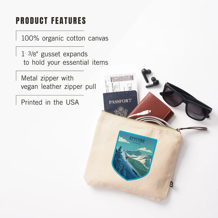 Keystone, Colorado, Lithograph, Downhill Skier, Organic Cotton Zipper Pouch, Go Bag