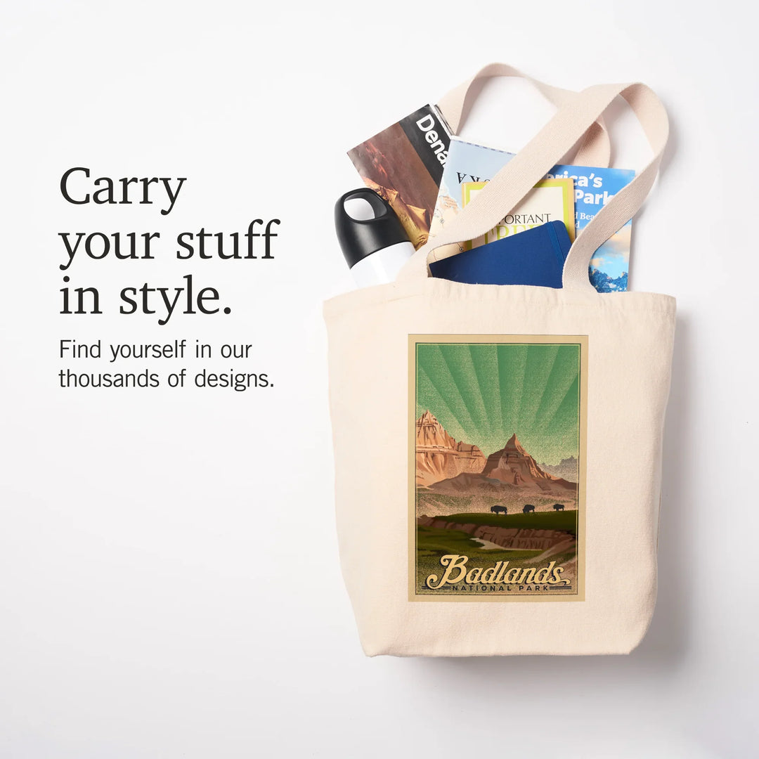 Badlands National Park, South Dakota, Bison, Lithograph, Tote Bag