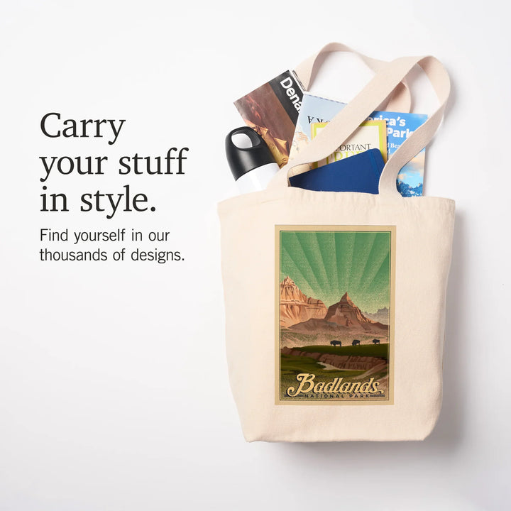Badlands National Park, South Dakota, Bison, Lithograph, Tote Bag