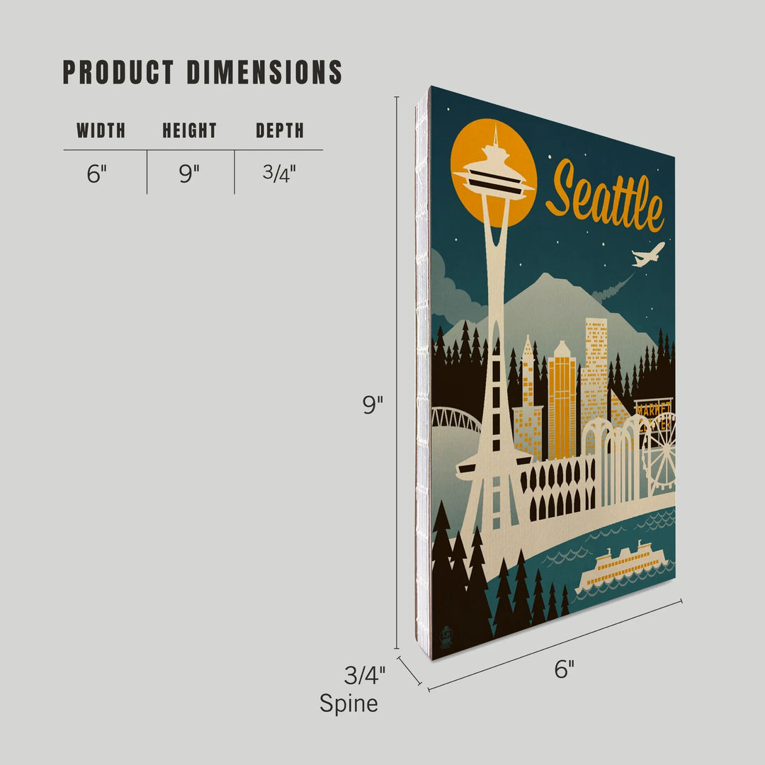 Lined 6x9 Journal, Seattle, Washington, Retro Skyline, Lay Flat, 193 Pages, FSC paper