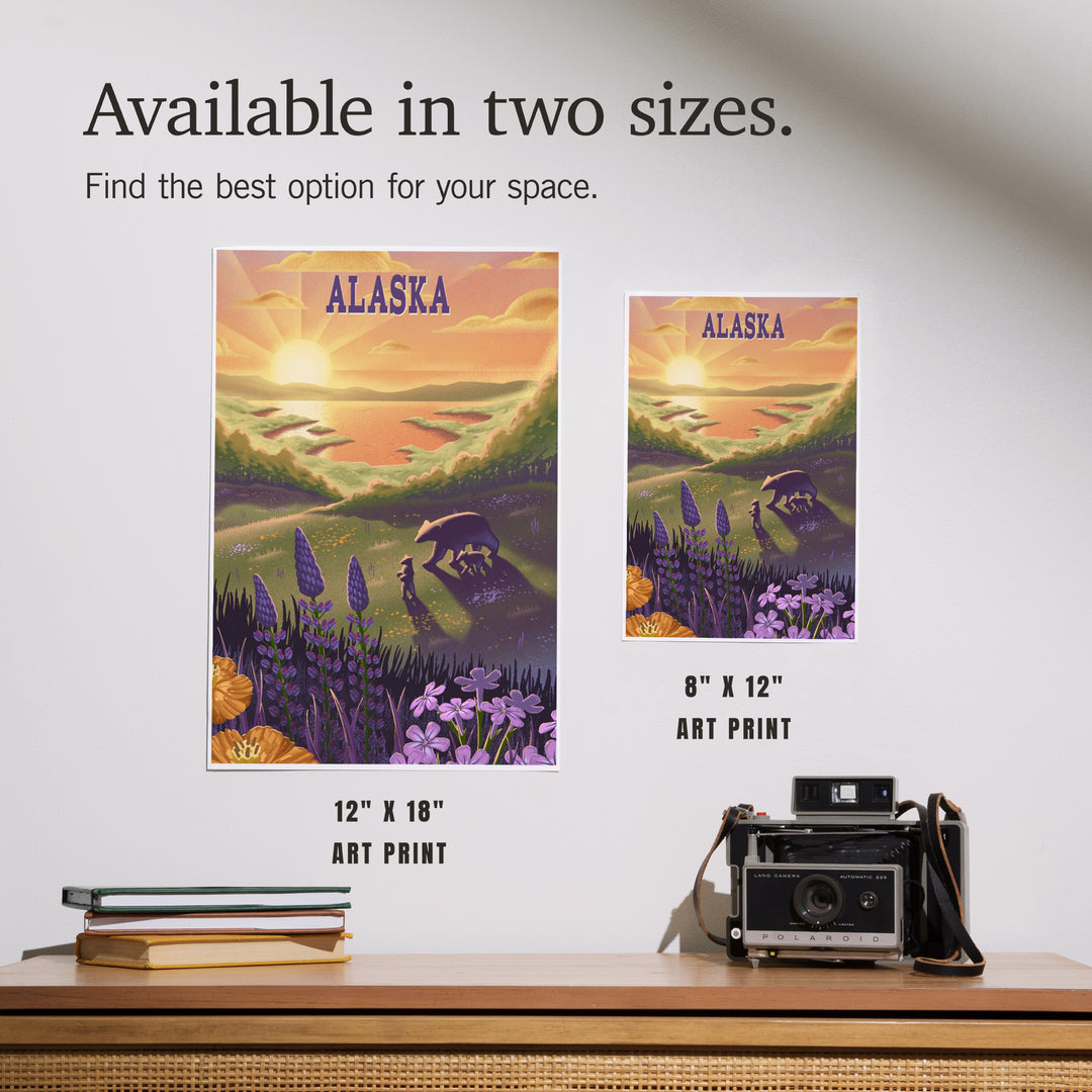 Alaska, Lithograph, Bear and Spring Flowers, Lake, Art & Giclee Prints