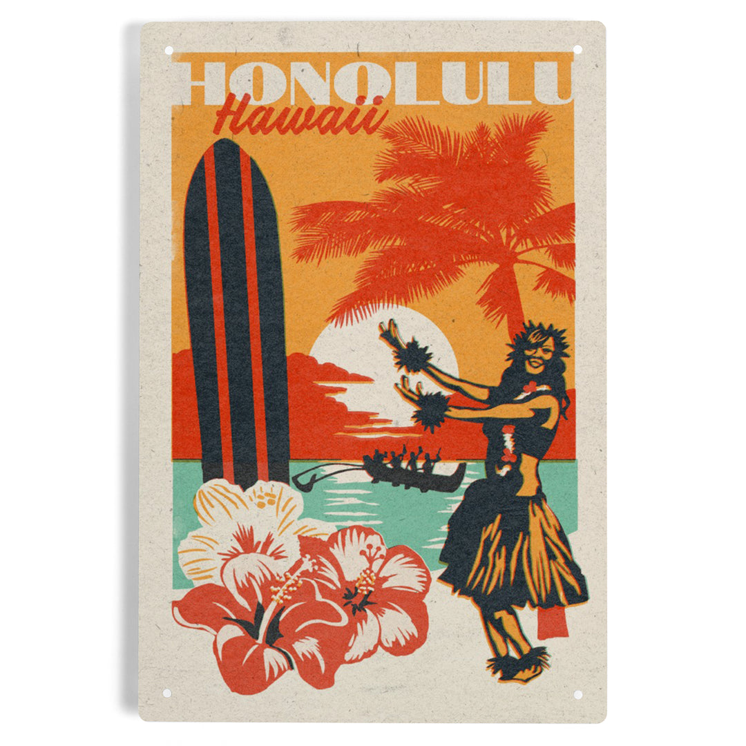 Honolulu, Hawaii, Woodblock City Series, Hula Dancer, 12x18 Metal Sign