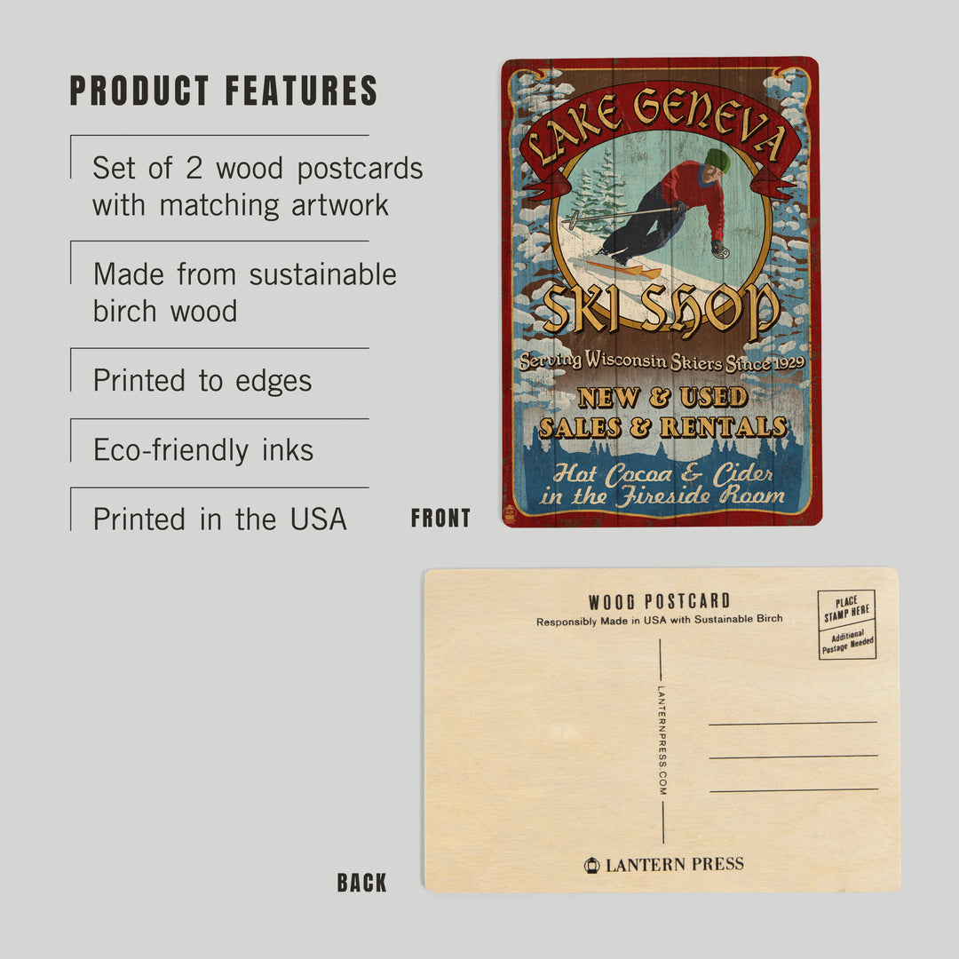Lake Geneva, Wisconsin, Ski Shop Vintage Sign, Wood Sign and Postcards