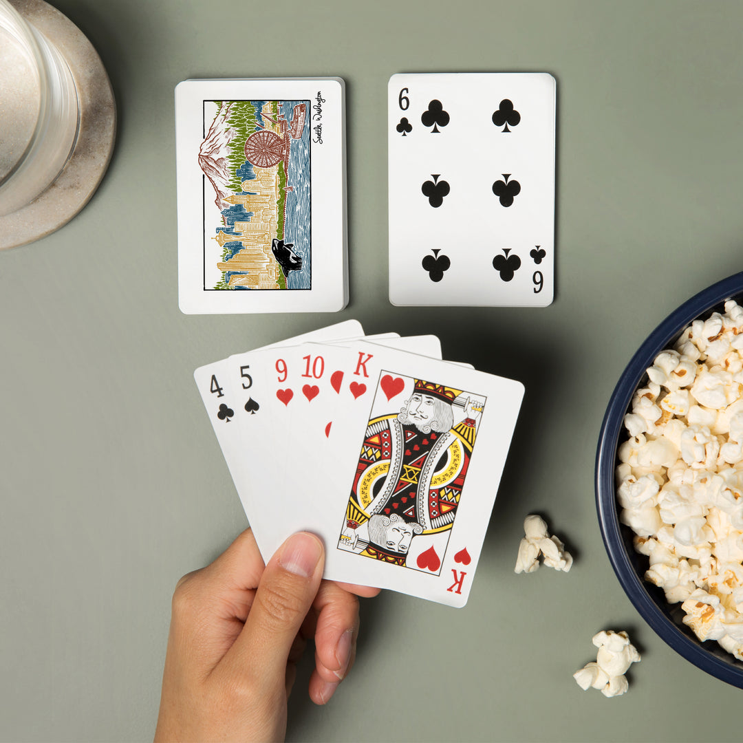 Playing Cards, Seattle, Washington, Skyline, 52 Card Deck with Jokers in Box, Unique Art
