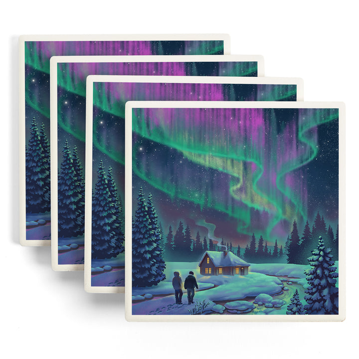 Lithograph, Northern Lights and Cabin, Coasters