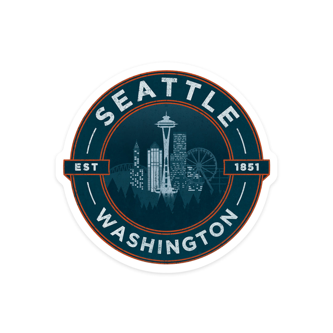 Seattle, Washington, Distressed Blue, Contour, Vinyl Sticker