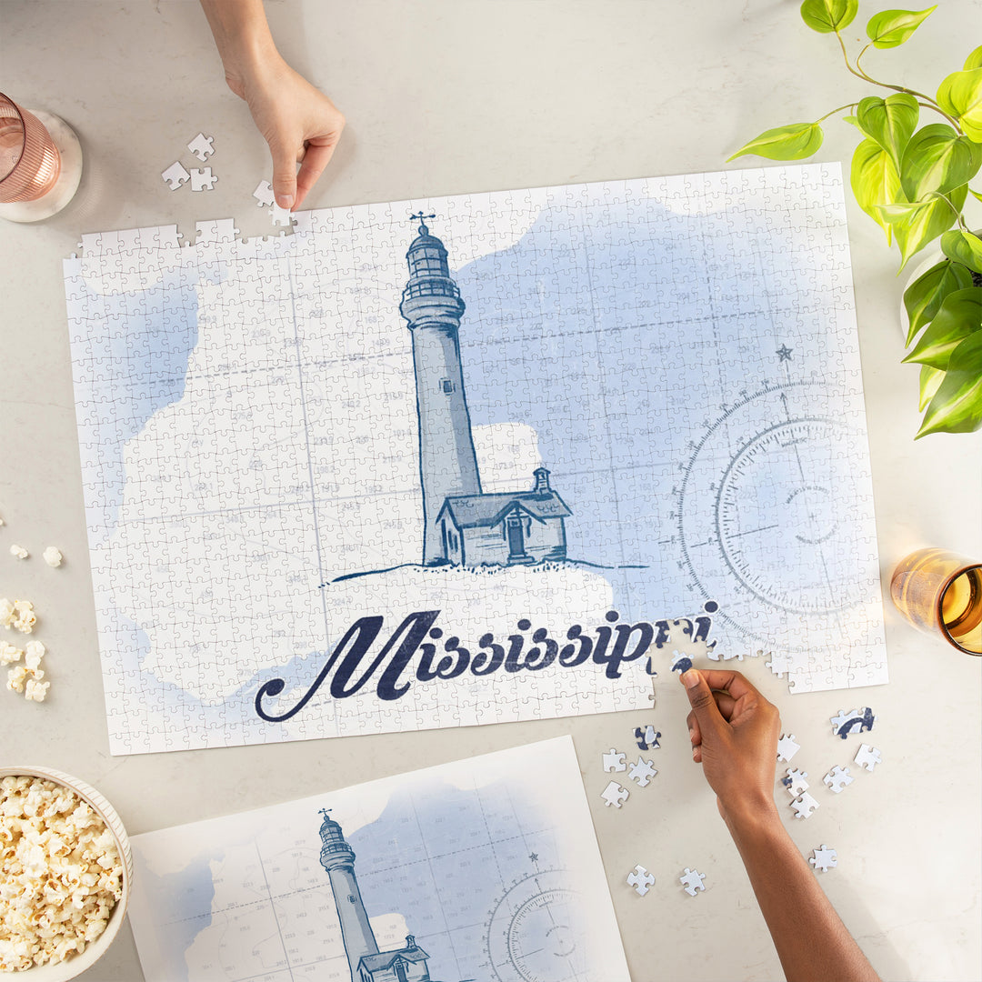 Mississippi, Lighthouse, Blue, Coastal Icon, 1000 Piece Jigsaw Puzzle