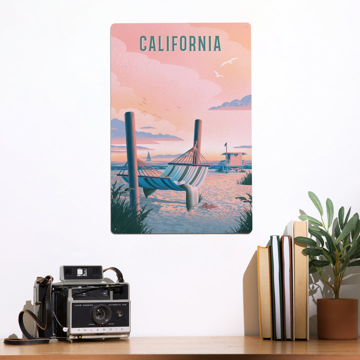 California, Lithograph, Salt Air, No Cares, Hammock on Beach, Metal Signs