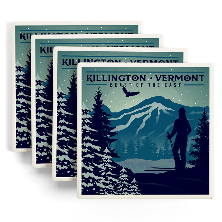 Killington, Vermont, Beast of the East, Skier & Mountain, Lantern Press Artwork, Coaster Set