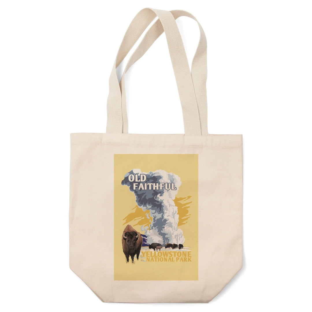 Yellowstone National Park, Wyoming, Old Faithful Geyser, WPA Style,, Tote Bag