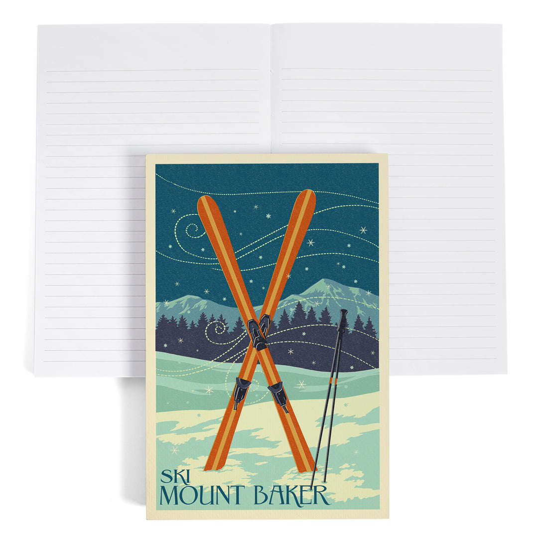 Lined 6x9 Journal, Mt. Baker, Washington, Crossed Skis, Letterpress, Lay Flat, 193 Pages, FSC paper