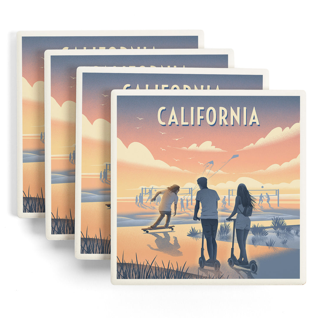 California, Lithograph, Enjoy the Ride, Longboards and Scooters, Coaster Set