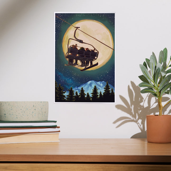 Ski Lift and Full Moon with Snowboarder, Art & Giclee Prints