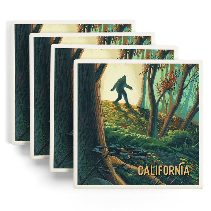 California, Wanderer, Bigfoot in Forest, Coaster Set