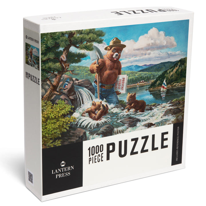 Smokey Bear, Playing in Falls with Cubs, Vintage Poster, Jigsaw Puzzle