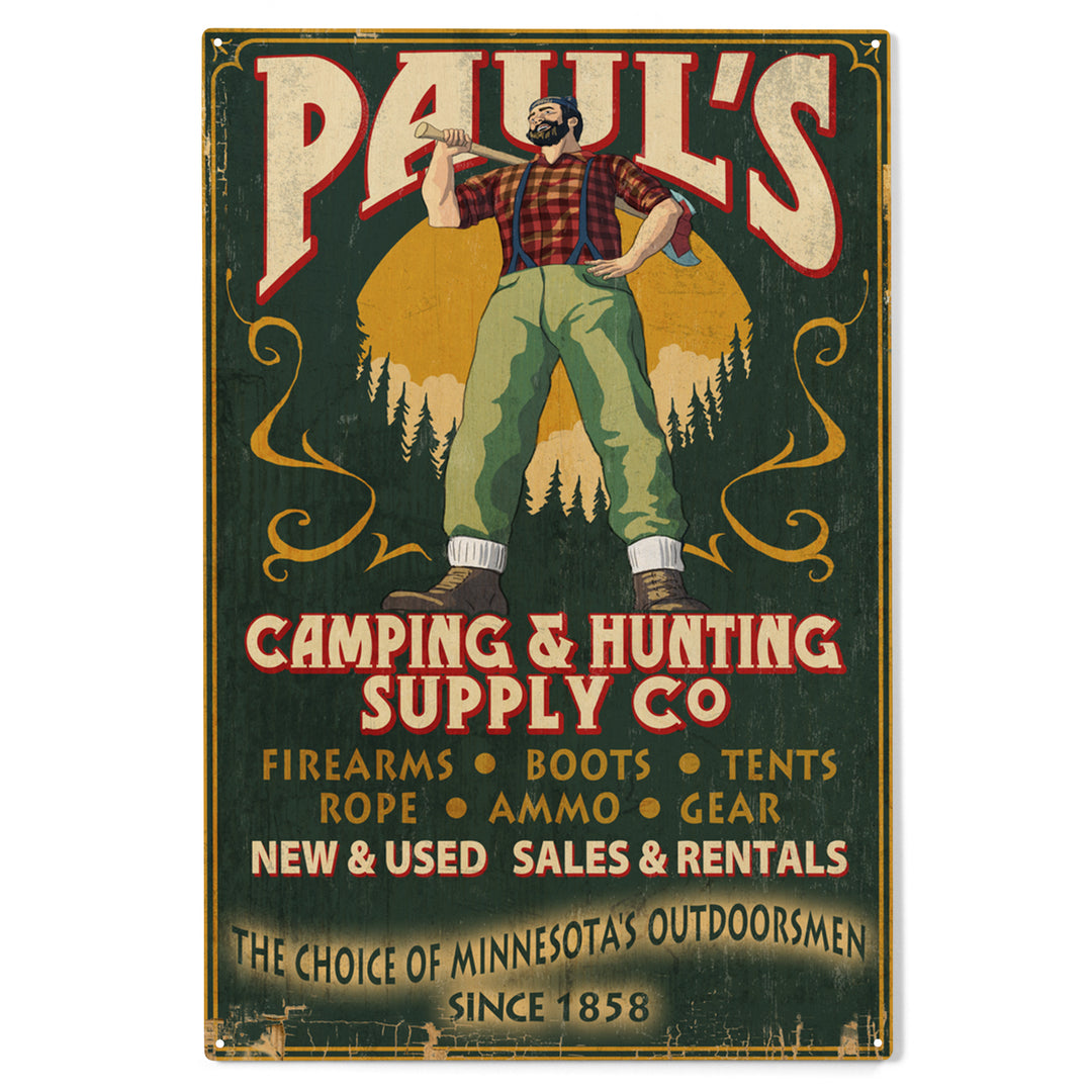 Minnesota, Paul Bunyan Camping Supply Vintage Sign, Wood Sign and Postcards