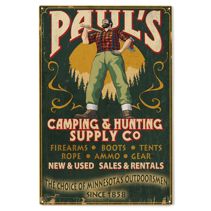 Minnesota, Paul Bunyan Camping Supply Vintage Sign, Wood Sign and Postcards