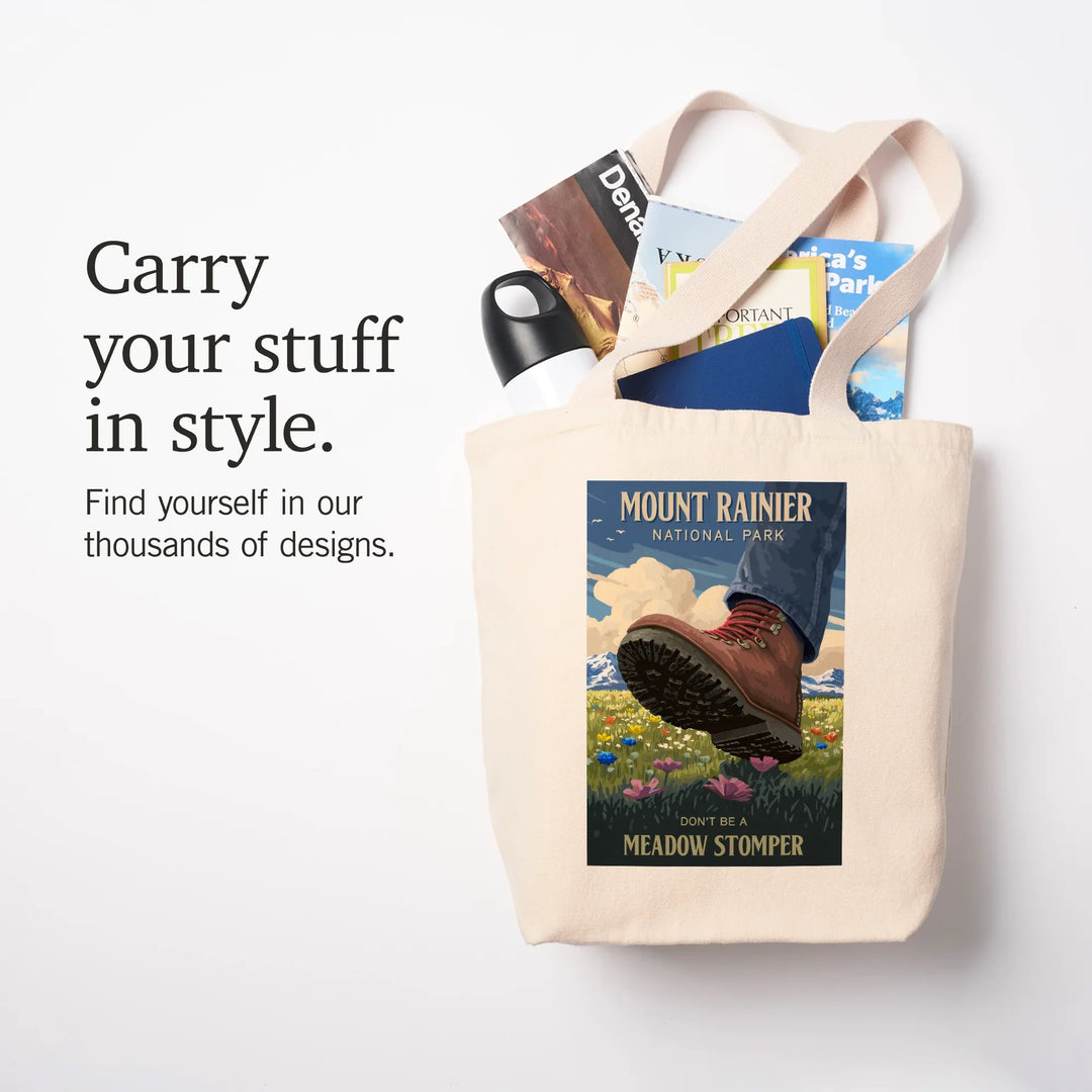 Mount Rainier National Park, Washington, Don't be a Meadow Stomper, Painterly, Tote Bag