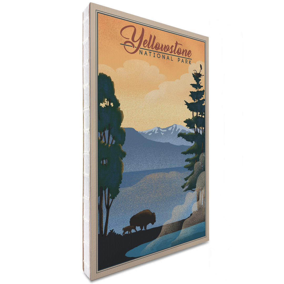 Lined 6x9 Journal, Yellowstone National Park, Bison and Lake, Lithograph National Park Series, Lay Flat, 193 Pages, FSC paper