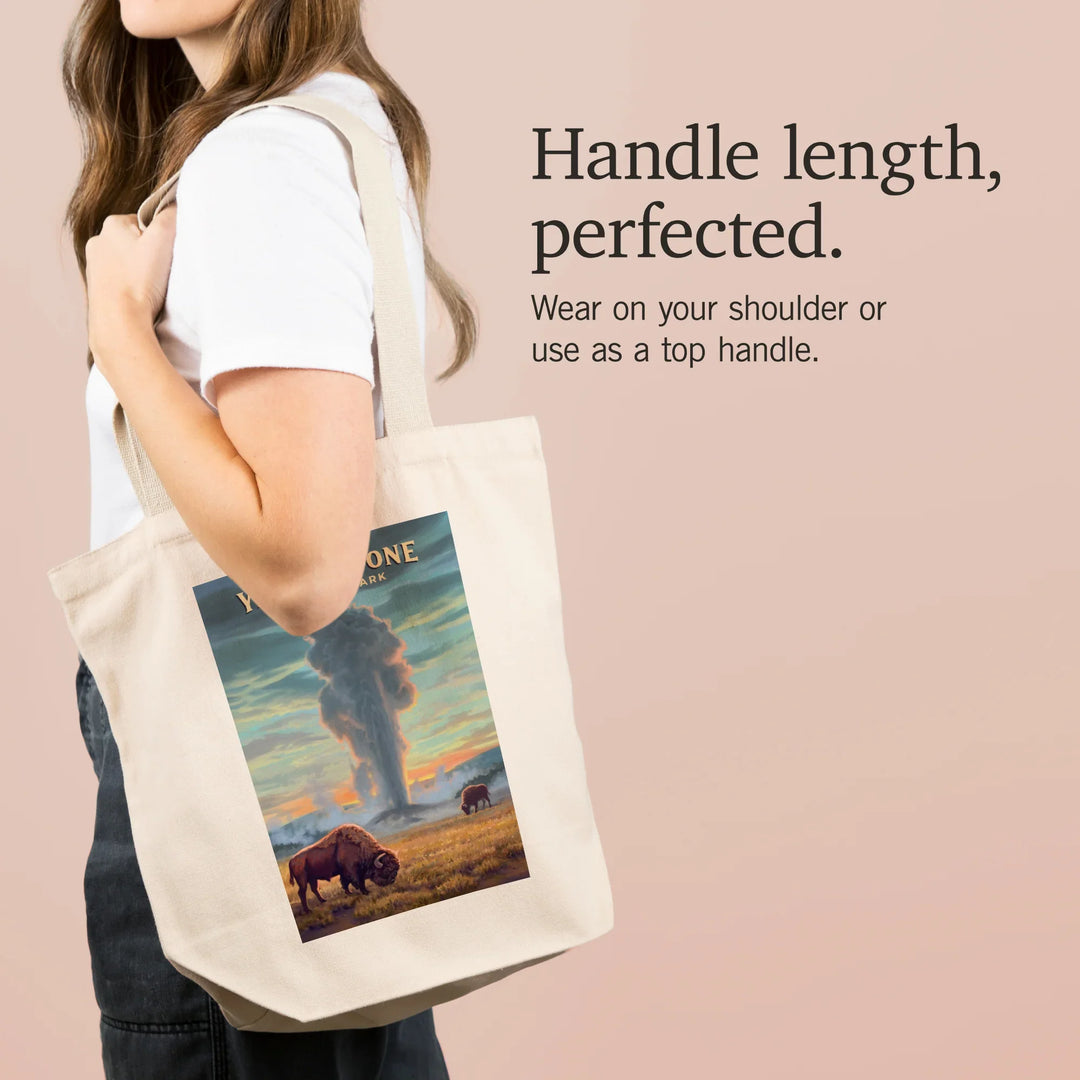 Yellowstone National Park, Wyoming, Oil Painting, Old Faithful Eruption, Tote Bag