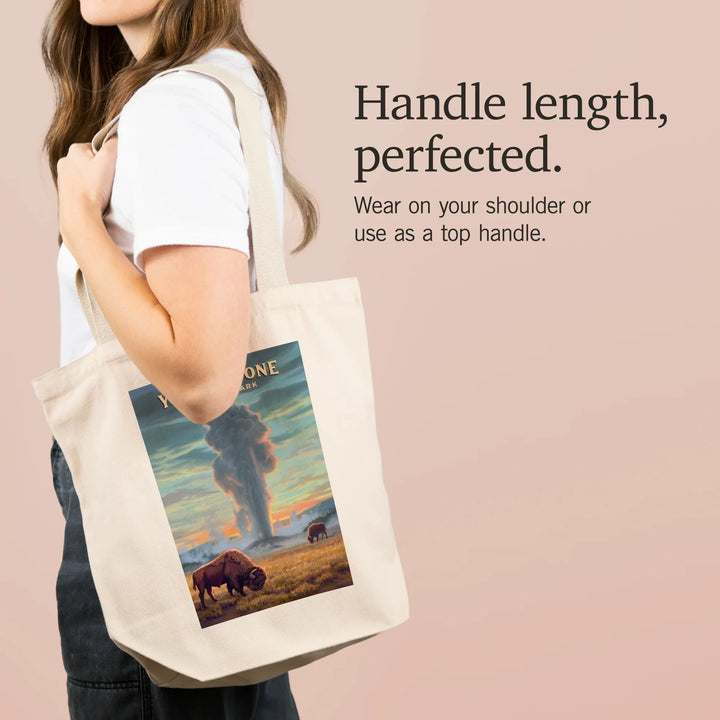 Yellowstone National Park, Wyoming, Oil Painting, Old Faithful Eruption, Tote Bag