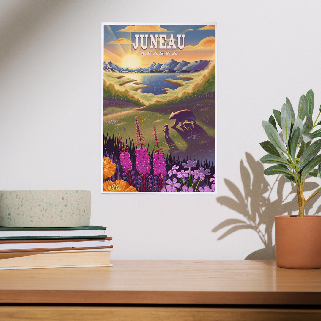 Juneau, Alaska, Bear and Spring Flowers Litho, Art & Giclee Prints