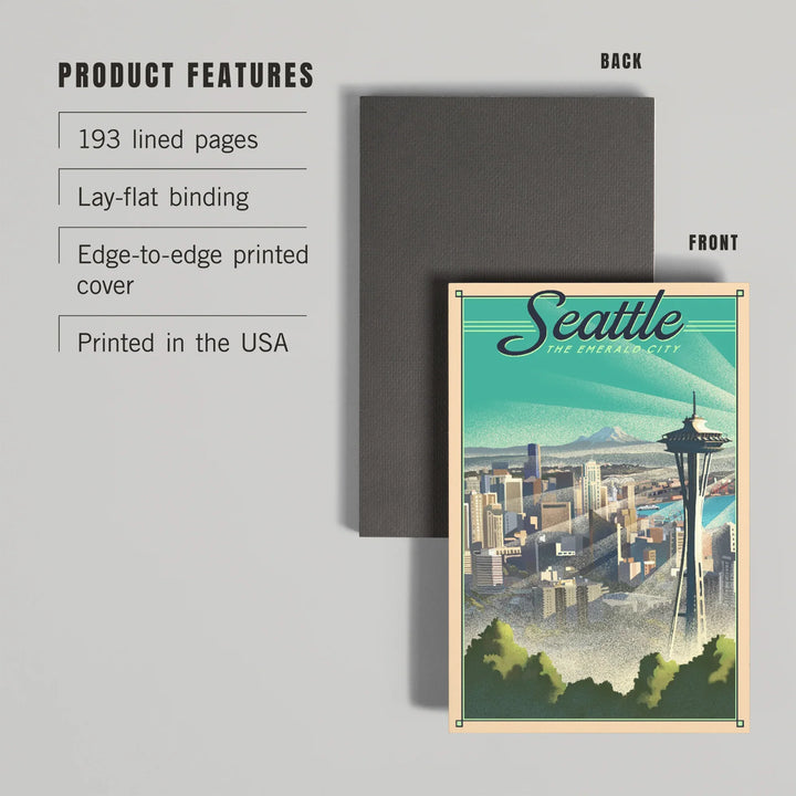 Lined 6x9 Journal, Seattle, Washington, Skyline, Lithograph, Lay Flat, 193 Pages, FSC paper