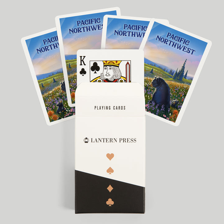 Playing Cards, Pacific Northwest, Lithograph, Bear Family in Field, 52 Card Deck with Jokers in Box, Unique Art