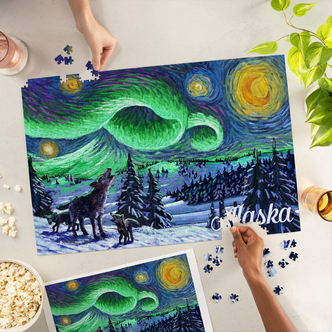 Alaska, Northern Lights with Wolf and Cubs, Starry Night, 1000 Piece Jigsaw Puzzle
