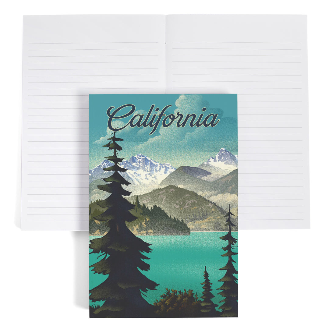 Lined 6x9 Journal, California, Lithograph, Lake and Mountains Scene, Lay Flat, 193 Pages, FSC paper