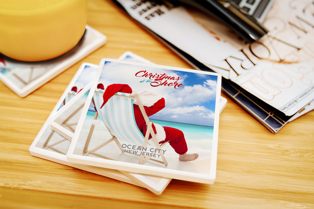 Ocean City, New Jersey, Christmas by the Shore, Santa on the Beach, Sentiment, Coaster Set