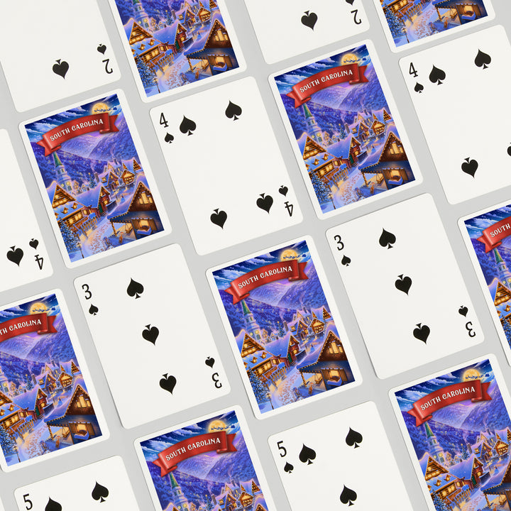Playing Cards, South Carolina, Sleepy Winter Village, 52 Card Deck with Jokers in Box, Unique Art